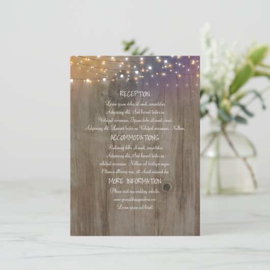 String Lights Wood Rustic Wedding Information Begleitkarte (Stehend Vorderseite)