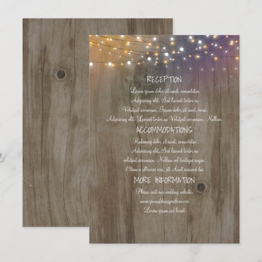 String Lights Wood Rustic Wedding Information Begleitkarte (Vorne/Hinten)