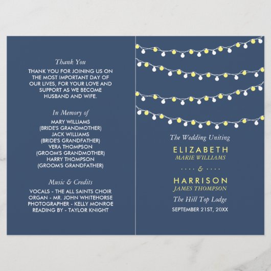 String Lights, Yellow & White Wedding Program (Vorderseite)