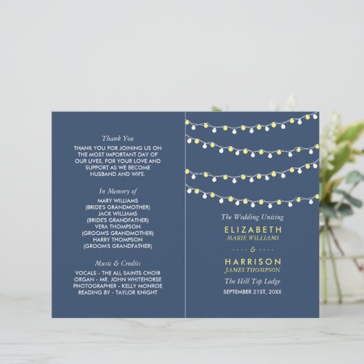 String Lights, Yellow & White Wedding Program (Stehend Vorderseite)