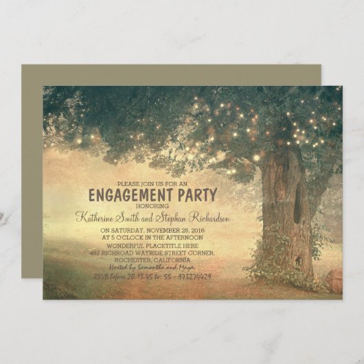 string of lights rustic tree engagement party einladung (Vorne/Hinten)
