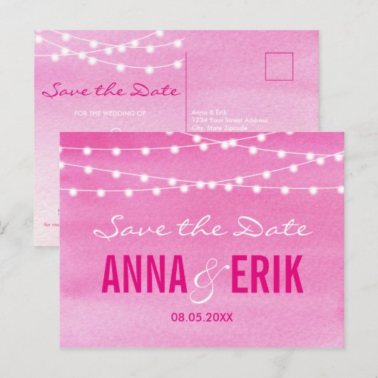 Stringfarbenleuchten Save the Date Postkarte (Vorne/Hinten)