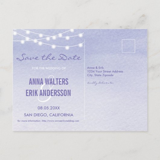 Stringfarbenleuchten Save the Date Postkarte (Rückseite)