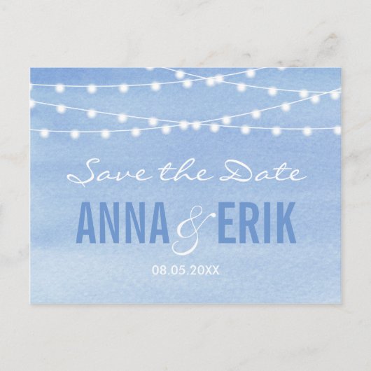 Stringfarbenleuchten Save the Date Postkarte (Vorderseite)