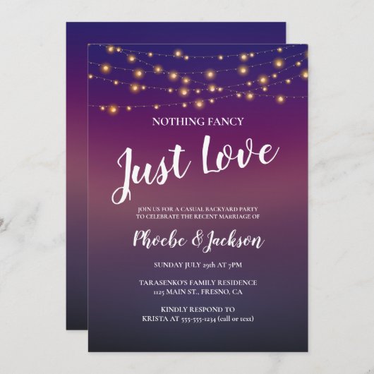 Stringleuchten auf Lila Hochzeitsfeier-Party Einladung (Vorne/Hinten)