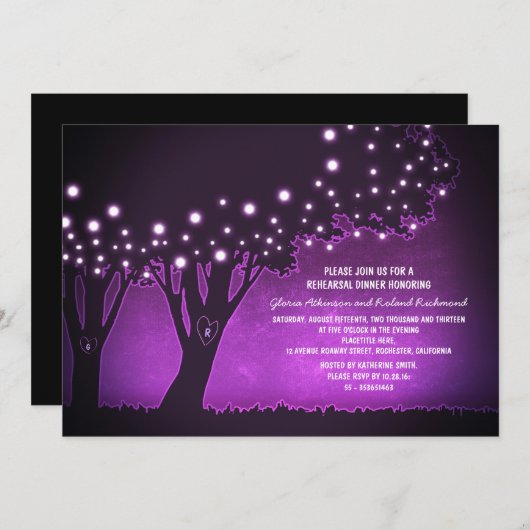 Stringleuchten Baum rustikale lila Probe Abendesse Einladung (Vorne/Hinten)