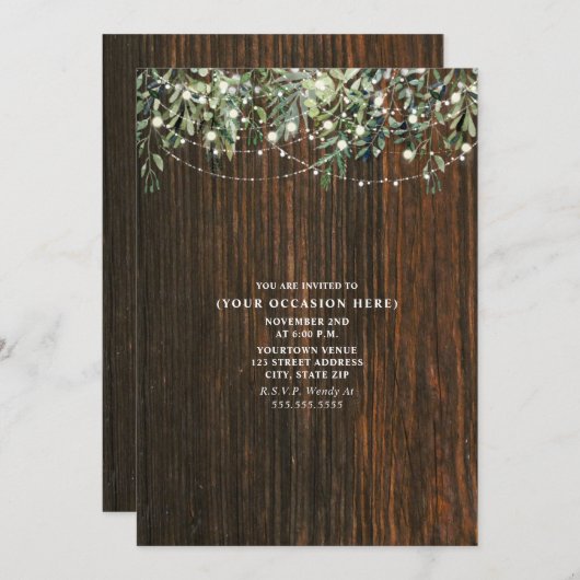 Stringleuchten Botanisches rustikales Party Einladung (Vorne/Hinten)