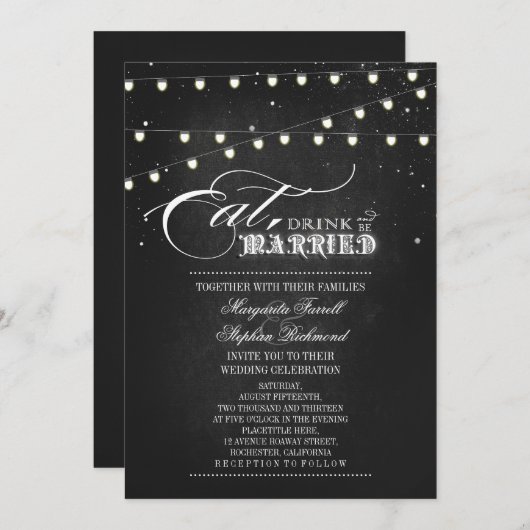 Stringleuchten essen, trinken und Verheiratet Hoch Einladung (Vorne/Hinten)