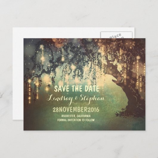 Stringleuchten rustikal Save the Date Postkarte (Vorne/Hinten)