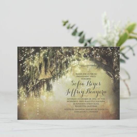 Stringleuchten rustikaler Baum Vintage Begegnungsp Einladung (Stehend Vorderseite)