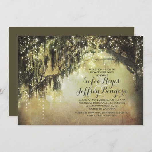 Stringleuchten rustikaler Baum Vintage Begegnungsp Einladung (Vorne/Hinten)