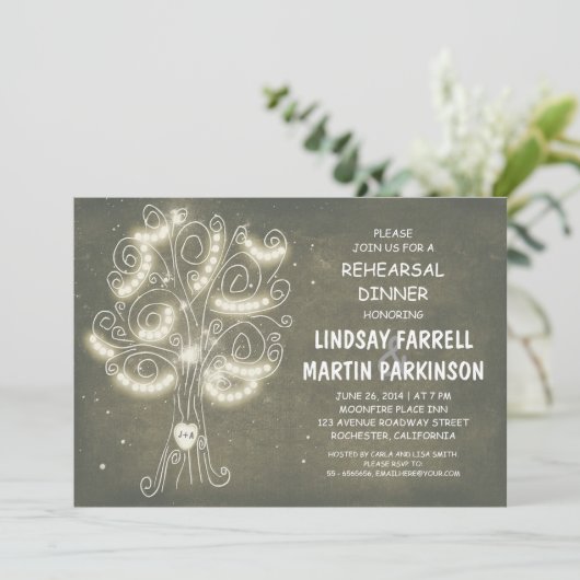 Stringleuchten rustikales Abendessen mit Probe Einladung (Stehend Vorderseite)