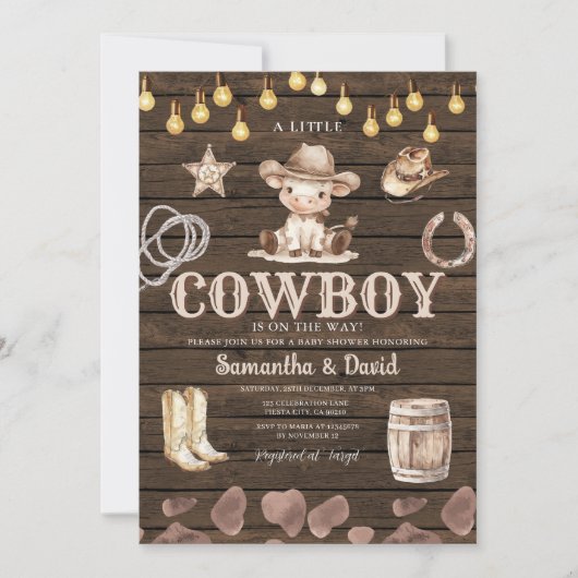 Stringlight Cowboy ist auf dem Weg Baby Shower Einladung (Vorderseite)