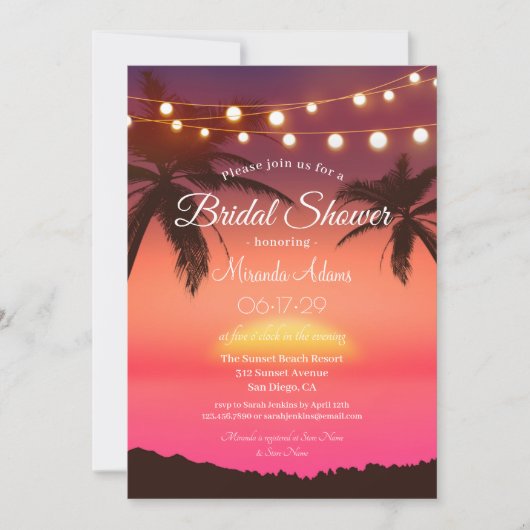 Strings Lights Tropical Palm Beach Brautparty Einladung (Vorderseite)