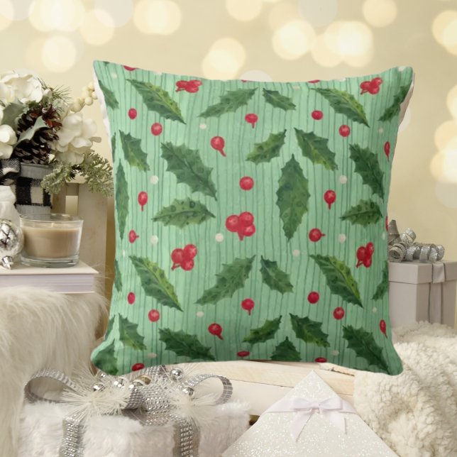 Strip Christmas Holly Green Red Throw Kissen (Von Creator hochgeladen)