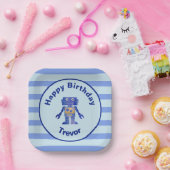 Strip Happy Birthday Blue Gold Robot mit Name Pappteller (Party)