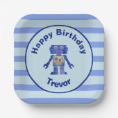 Strip Happy Birthday Blue Gold Robot mit Name Pappteller (Vorderseite)
