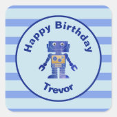 Strip Happy Birthday Blue Gold Robot mit Name Quadratischer Aufkleber (Vorderseite)