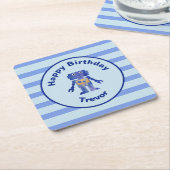 Strip Happy Birthday Blue Gold Robot mit Name Rechteckiger Pappuntersetzer (angewinkelt)