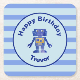 Strip Happy Birthday Blue Gold Robot mit Name Rechteckiger Pappuntersetzer