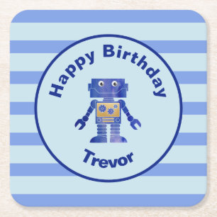 Strip Happy Birthday Blue Gold Robot mit Name Rechteckiger Pappuntersetzer