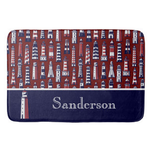 Strip Lighthouse Nautical Navy Blue Grau Red Badematte