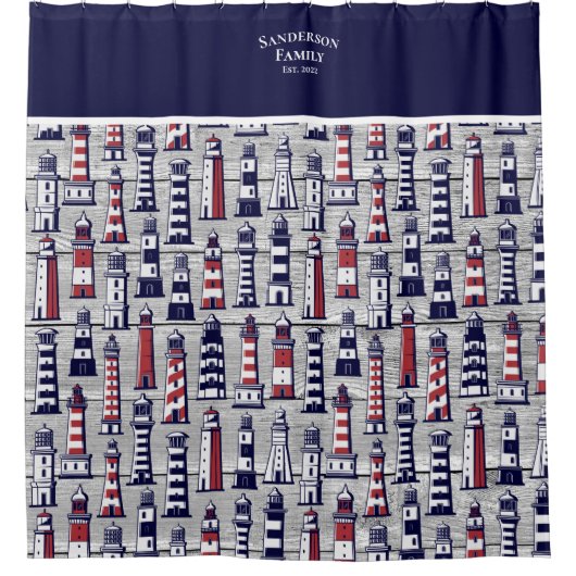 Strip Lighthouse Nautical Navy Blue Grau Red Duschvorhang (Vorderseite)