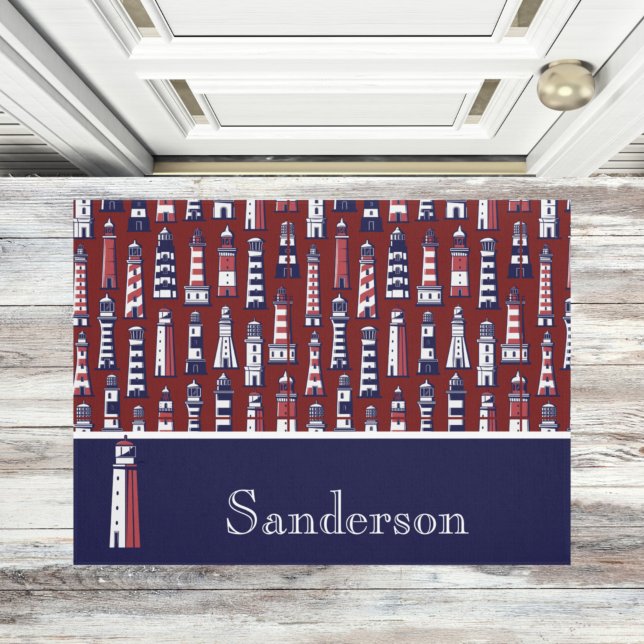 Strip Lighthouse Nautical Navy Blue Grau Red Fußmatte (Von Creator hochgeladen)