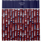 Strip Lighthouse Nautical Navy Blue Gray Red Sho Duschvorhang (Vorderseite)