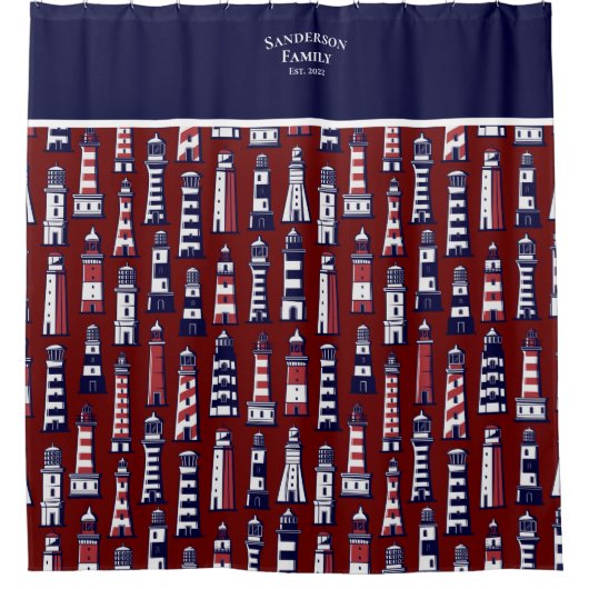 Strip Lighthouse Nautical Navy Blue Gray Red Sho Duschvorhang (Vorderseite)