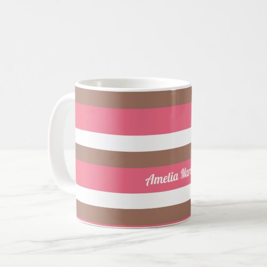 Strip Muster Mocha Brown Pink White personalize Kaffeetasse (Vorderseite Links)