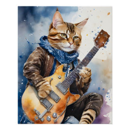 Strip Tabby Cat Rock Star Gitarre Brown Poster