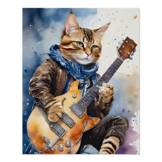 Strip Tabby Cat Rock Star Gitarre Brown Poster (Vorderseite)