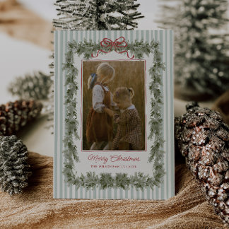 Stripe and Bow Christmas Photo Card Sage Feiertagskarte