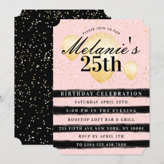 Stripe Black Pink Gold Ballon Geburtstag Einladung