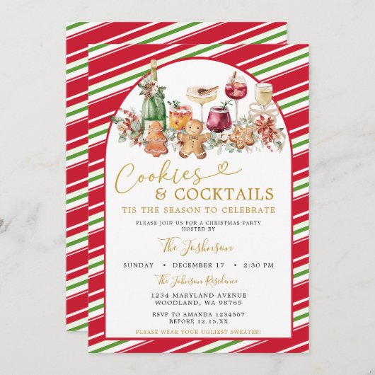Stripe Cookies and Cocktail Classic Christmas Einladung (Vorne/Hinten)