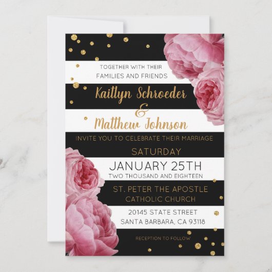 Stripe Rose und Glitzer Dots Moderne Hochzeiten Einladung (Vorderseite)