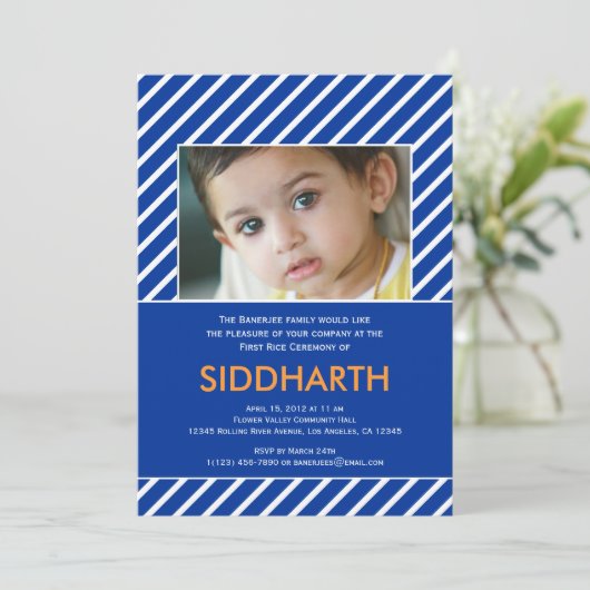 Striped Annaprashan (erster Reis) Blauer Einladung (Stehend Vorderseite)