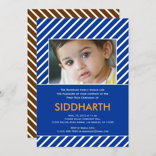 Striped Annaprashan (erster Reis) Blauer Einladung (Vorne/Hinten)