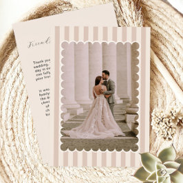 Striped Background and Scalloped Wedding Photo  Dankeskarte