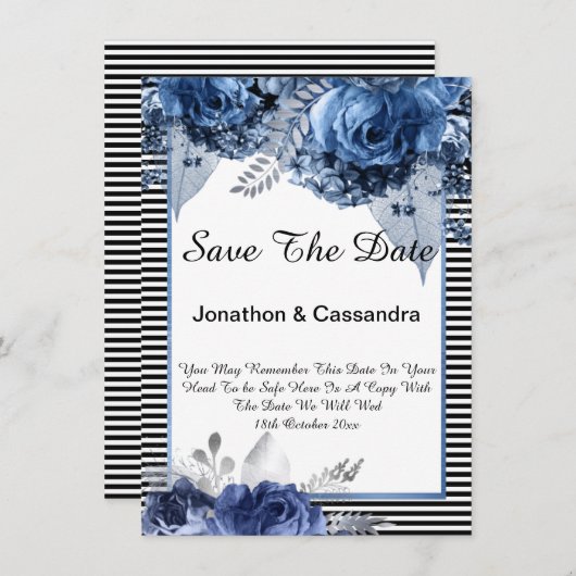 STRIPED BLACK BLUE FLORAL GRENZE SAVE THE DATE (Vorne/Hinten)