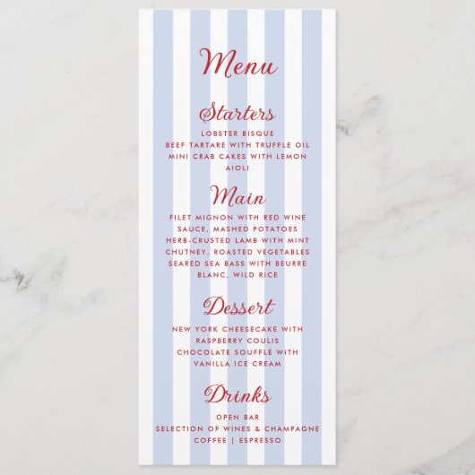 Striped Blue and Red Wedding Menu Menükarte (Vorderseite)