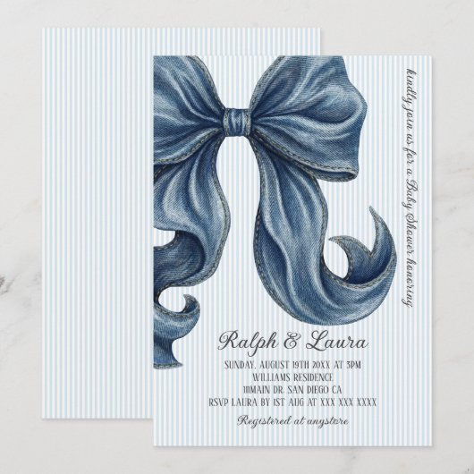 Striped Blue Bow Baby Shower Einladung (Vorne/Hinten)