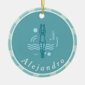 Striped Blue Swimmer Silhouette Schwimmthema Keramik Ornament (Vorne)