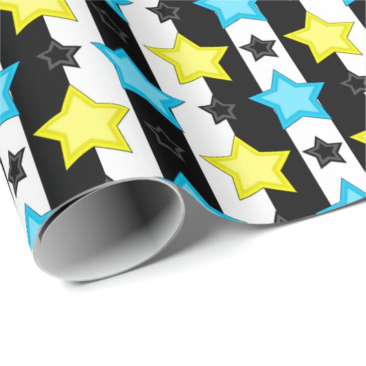 Striped Blue Yellow Stars Pattern Design Geschenkpapier (Rolleneckpunkt)