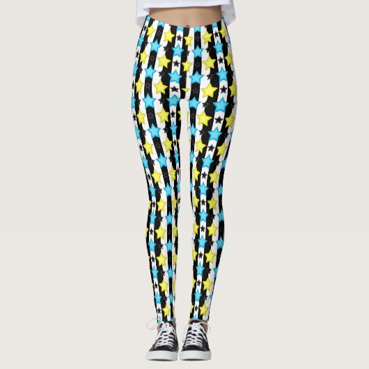 Striped Blue Yellow Stars Pattern Design Leggings (Vorderseite)