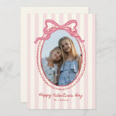 Striped Bright Pink Bow Valentine’s Day Photo Card Einladung (Vorne/Hinten)