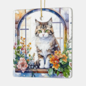 Striped Cat im Fenster der Blume Personalisiert Keramikornament (Links)