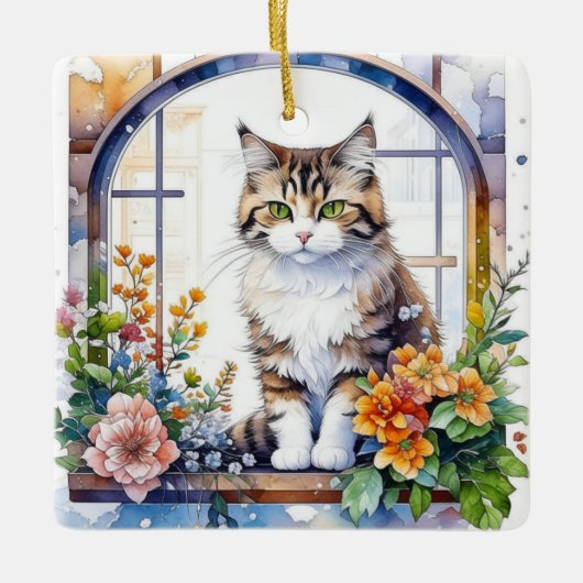 Striped Cat im Fenster der Blume Personalisiert Keramikornament (Vorderseite)