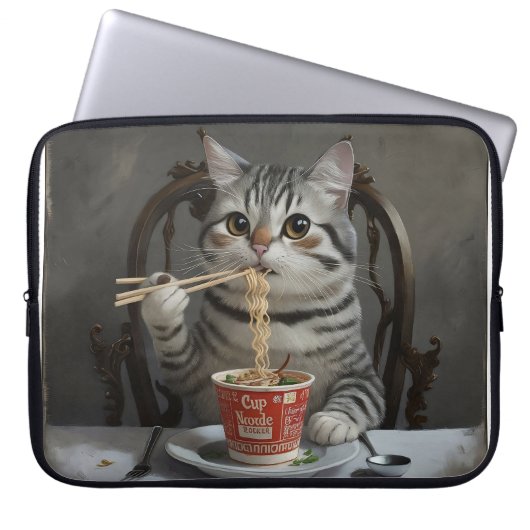Striped Cat Spaß Cup Noodles Laptopschutzhülle (Vorderseite)